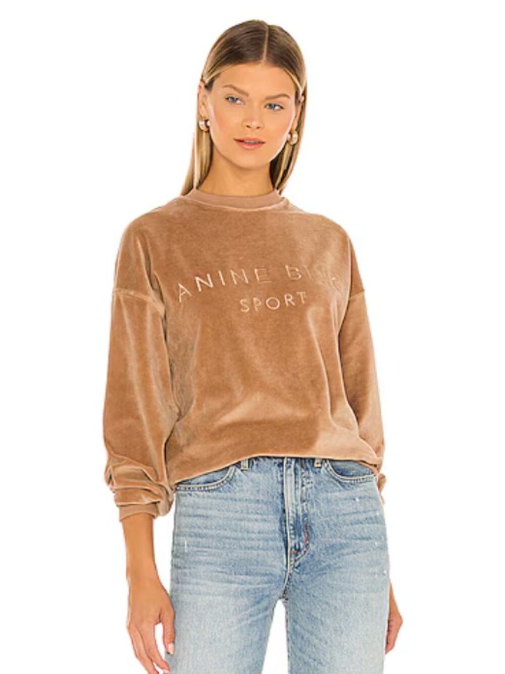 ANINE BING Velour Beige Cream Sport Evan Sweatshirt Crew Neck